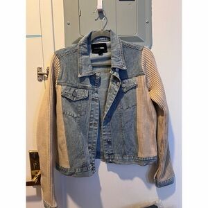 Fashion Nova Light Blue Denim Jacket with Beige Knit Sleeves
